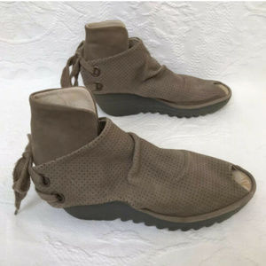 Fly London Taupe Suede Lace Up Peep Toe Booties 41